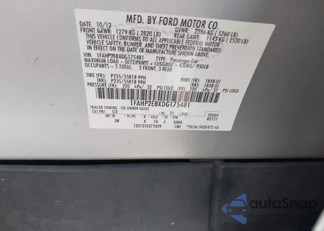 2013 Ford Taurus Sel from USA, damaged, VIN 1FAHP2E8XDG175481